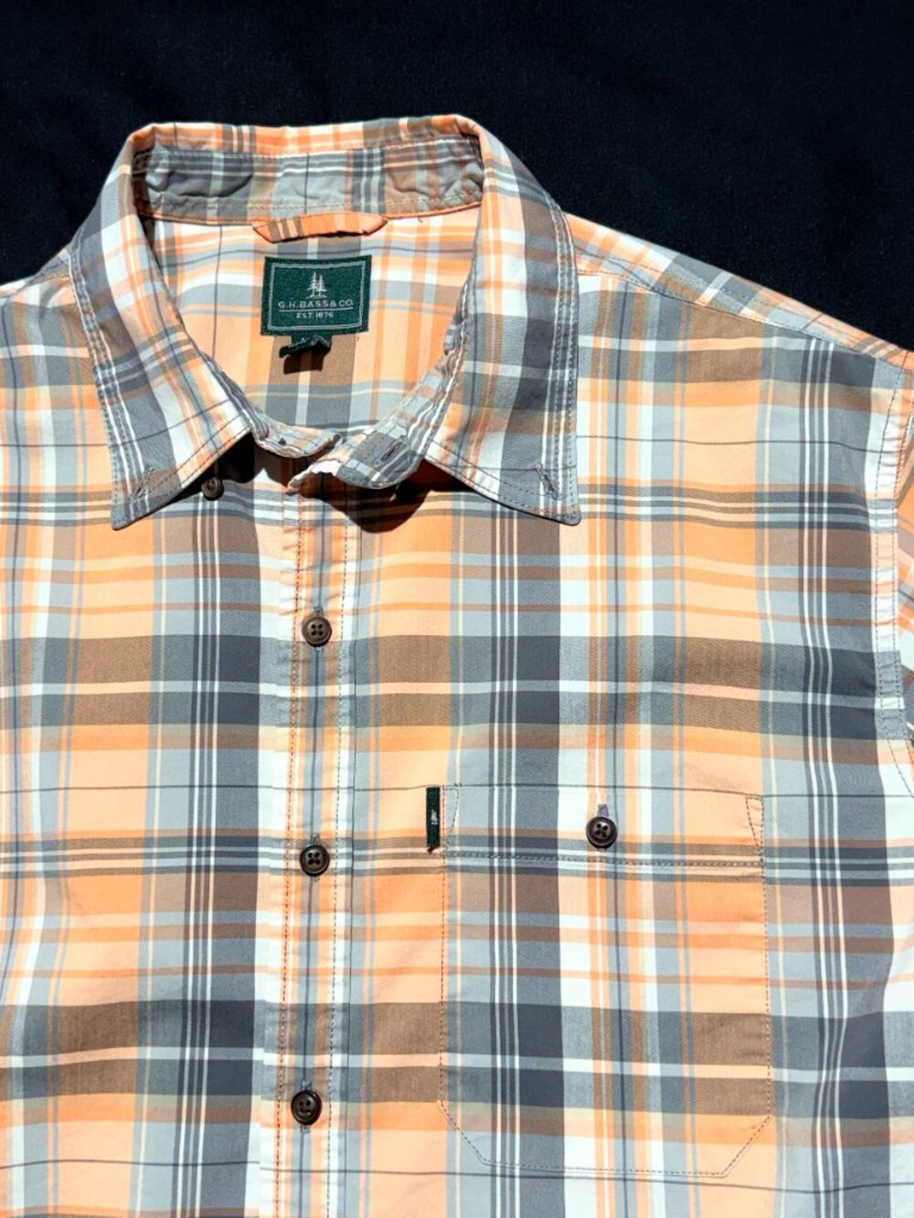 GH Bass Mens Shirt Large Orange/Gray Plaid Stretch Short Sleeve